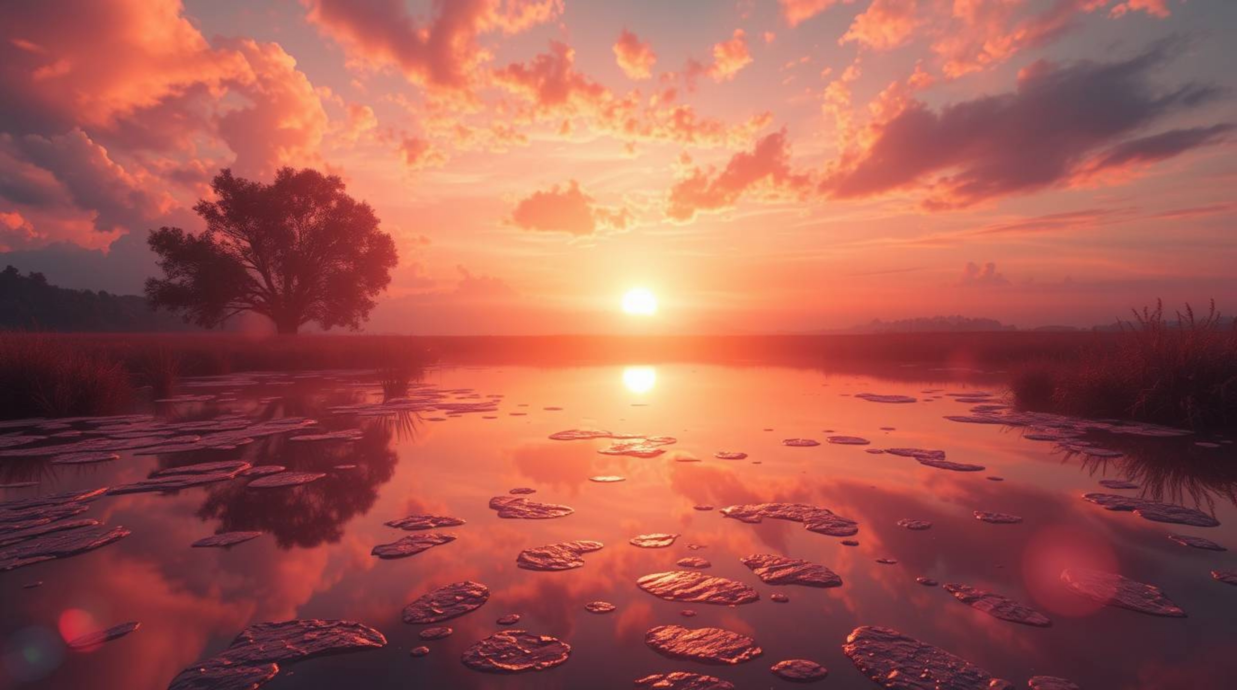 A dreamlike, surreal image showcases a tranquil pond reflecting a breathtaking sunset.  Bright lens flares add to the magical