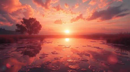 A dreamlike, surreal image showcases a tranquil pond reflecting a breathtaking sunset.  Bright lens flares add to the magical