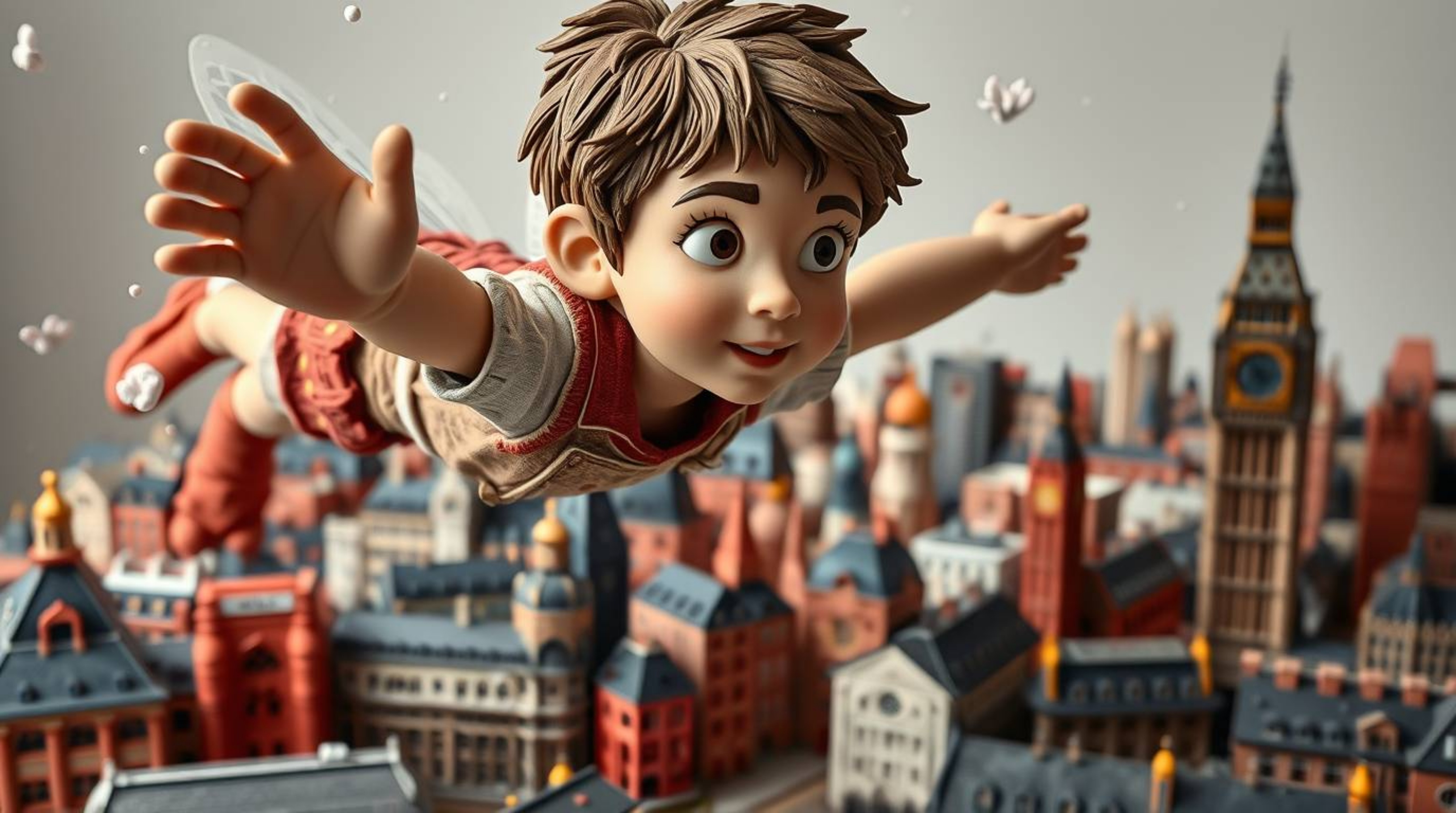 This stunning sculptural clay artwork captures a young boy with fair skin and tousled brown hair soaring above a meticulously