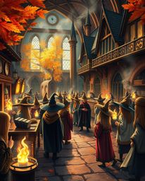 Immerse yourself in a magical school filled with young wizards, depicted in warm autumn colors to create an earthy and cozy a