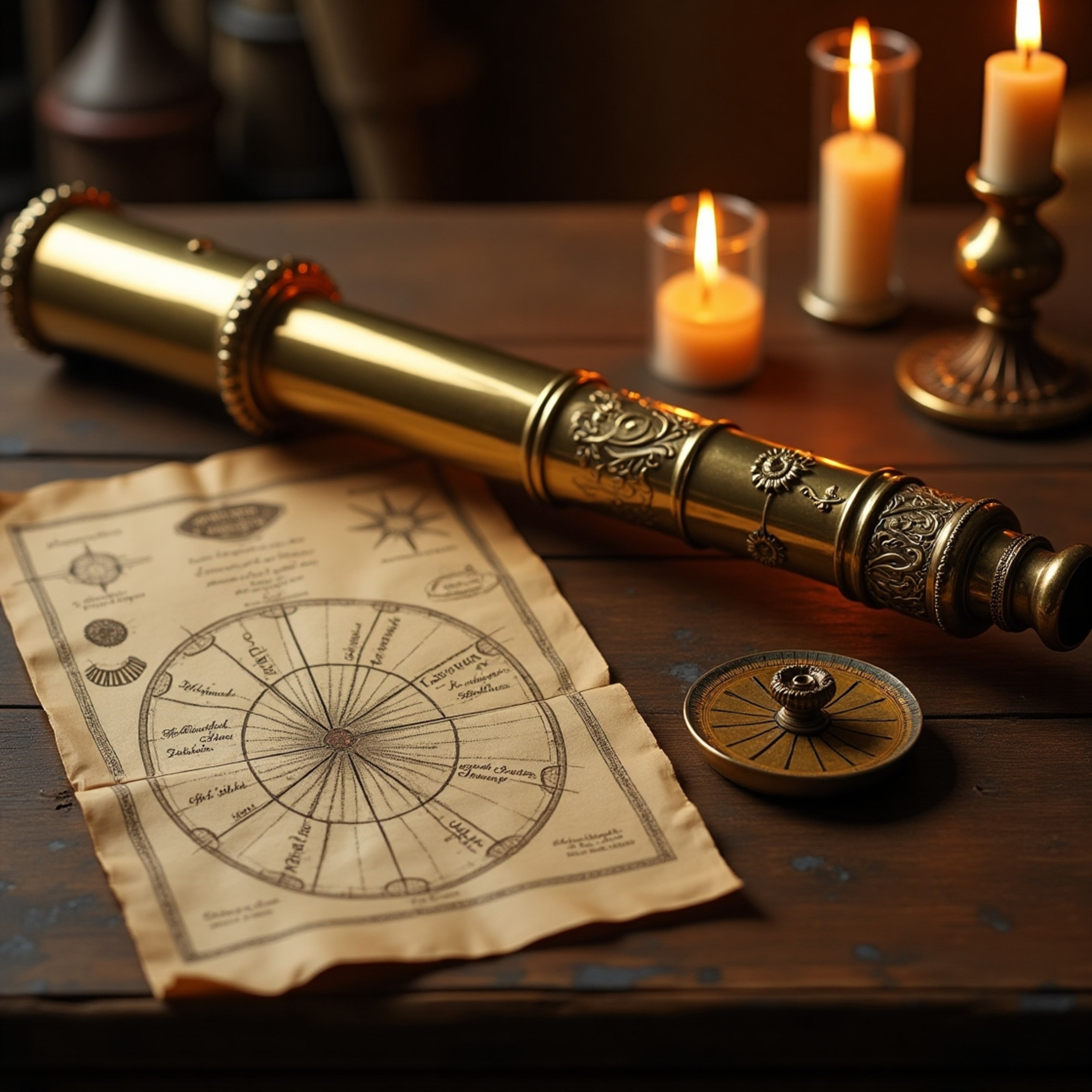 A scene brimming with nostalgia and the spirit of adventure unfolds with a polished brass telescope, intricately engraved, re
