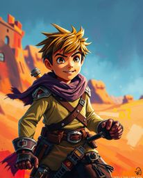 A captivating acrylic painting depicts a brave, Disney-style hero embarking on a thrilling desert adventure. The artwork fea
