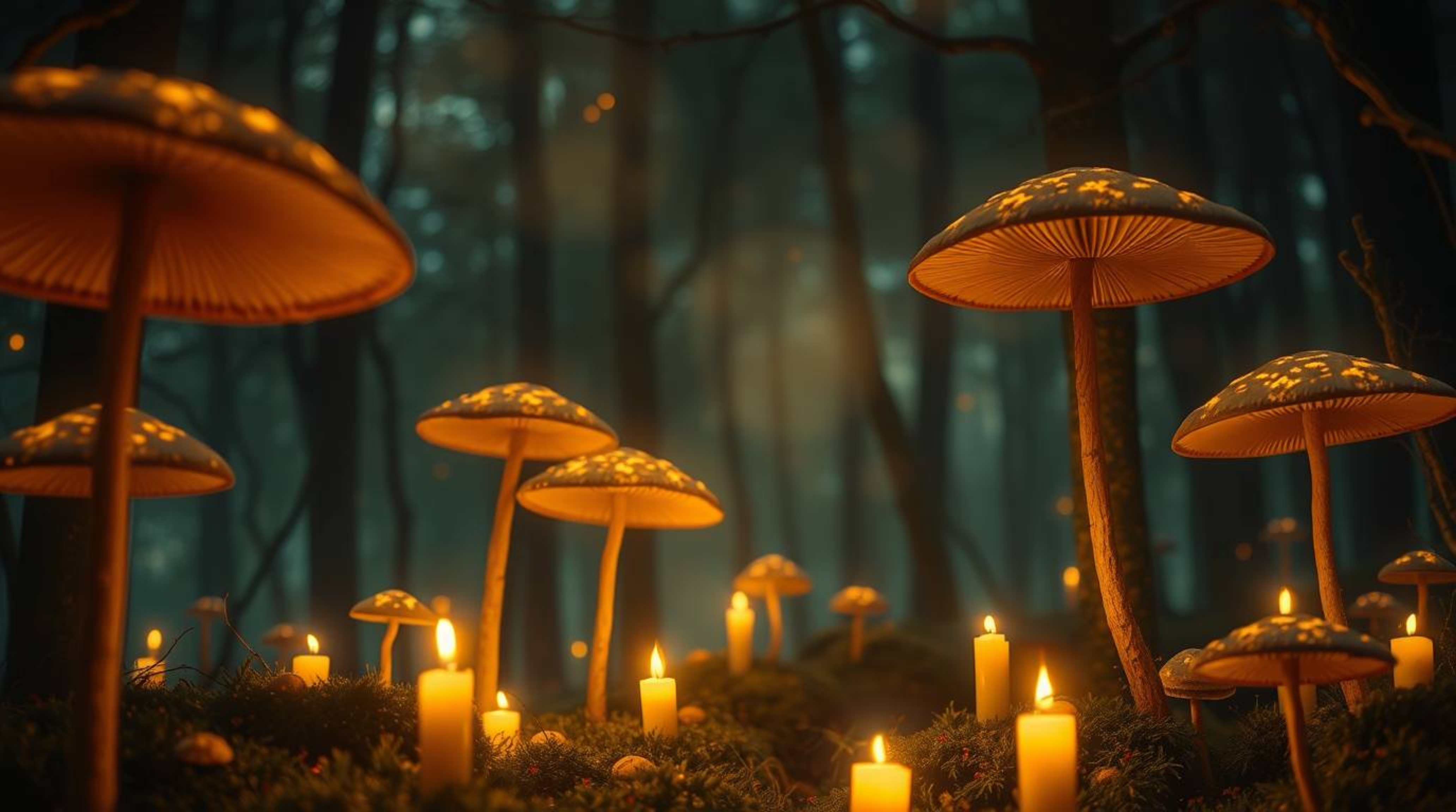 Immerse yourself in a dreamy, vintage-style enchanted forest, illuminated by the soft glow of candlelight and enchanting glow