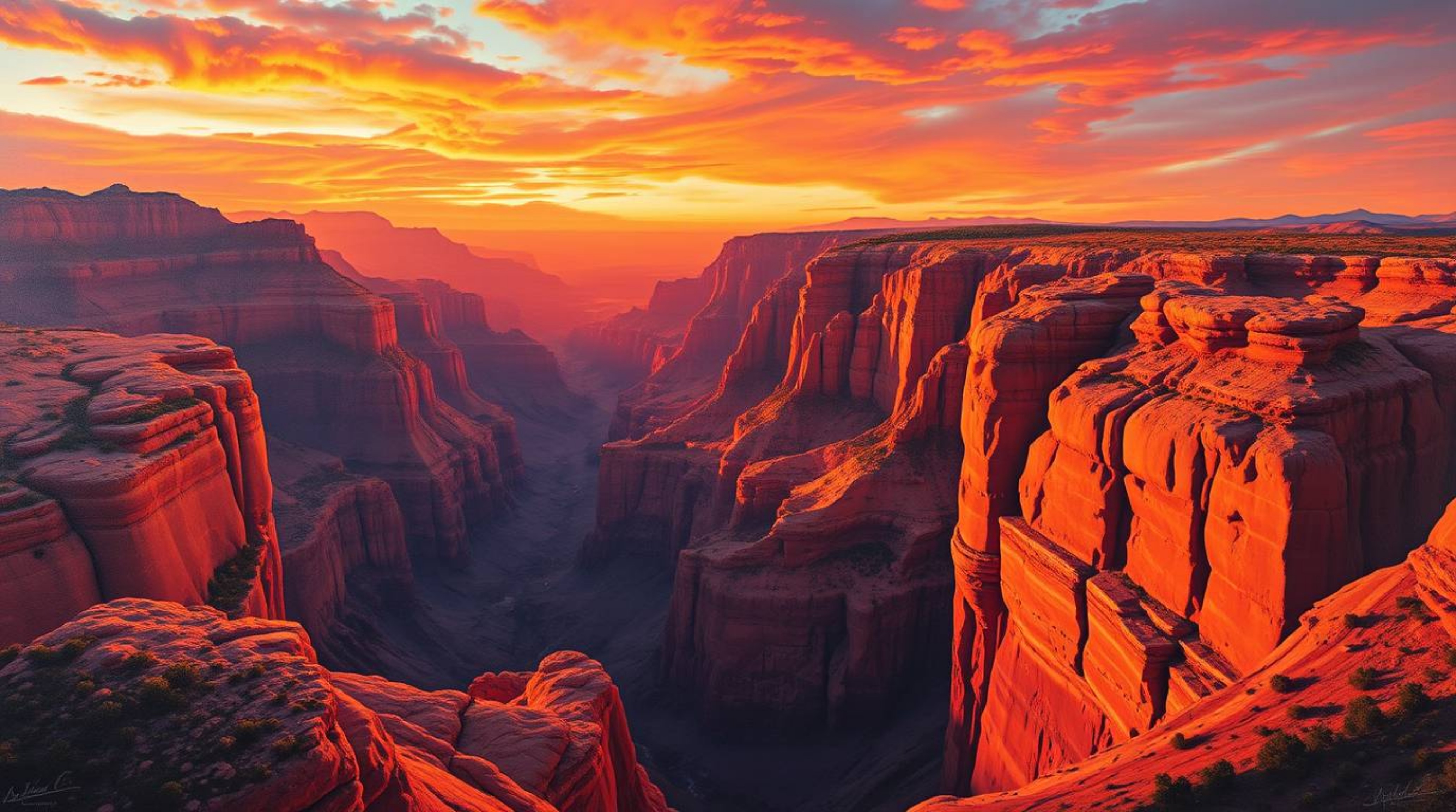 A bold and dramatic acrylic painting depicting a rocky canyon bathed in warm sunset hues.  This vibrant artwork features elec