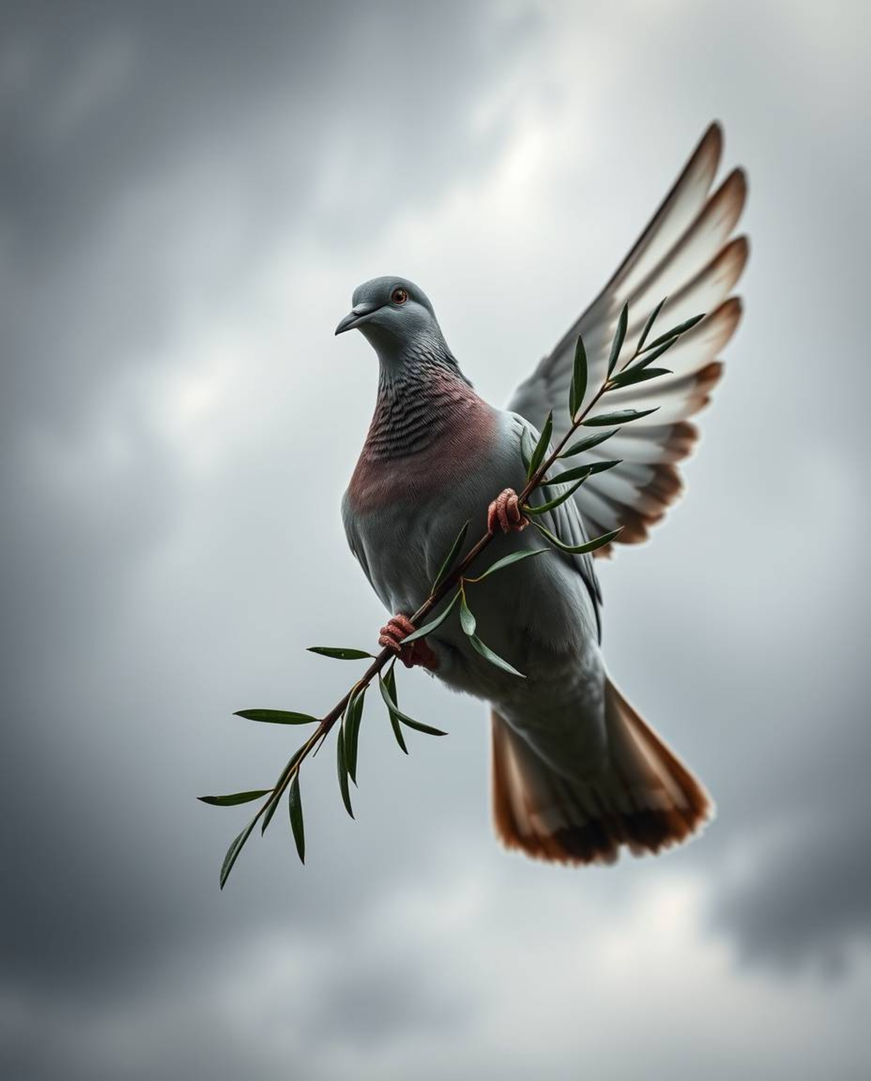 A powerful and symbolic image depicting a dove carrying an olive branch through a turbulent storm. This close-up shot, with i