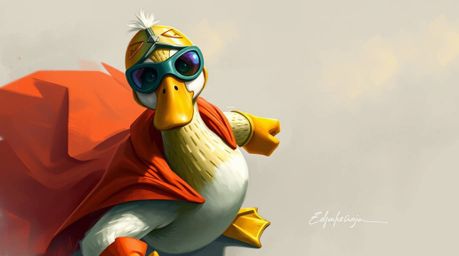 This digital sketch features a duck clad in a zany superhero costume, captured from a high angle with loose painterly strokes
