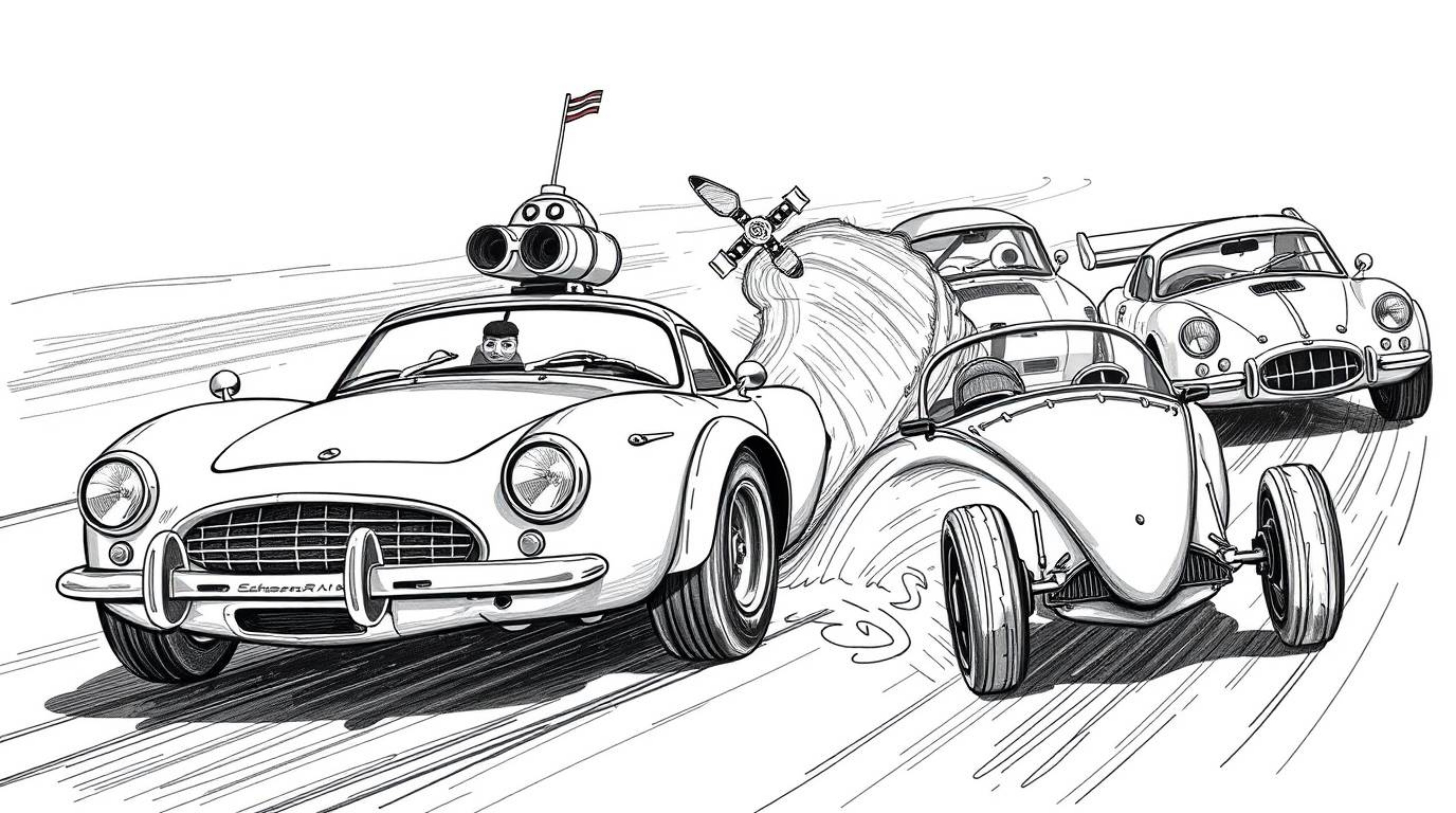 Experience a timeless racing spectacle with this hand-drawn, black and white sketch of outlandish cars engaged in a wacky rac