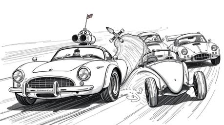 Experience a timeless racing spectacle with this hand-drawn, black and white sketch of outlandish cars engaged in a wacky rac