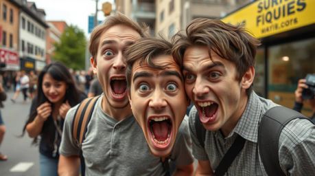 A candid street photograph capturing a hilarious, gross-out comedy moment with exaggerated expressions brings the spontaneity