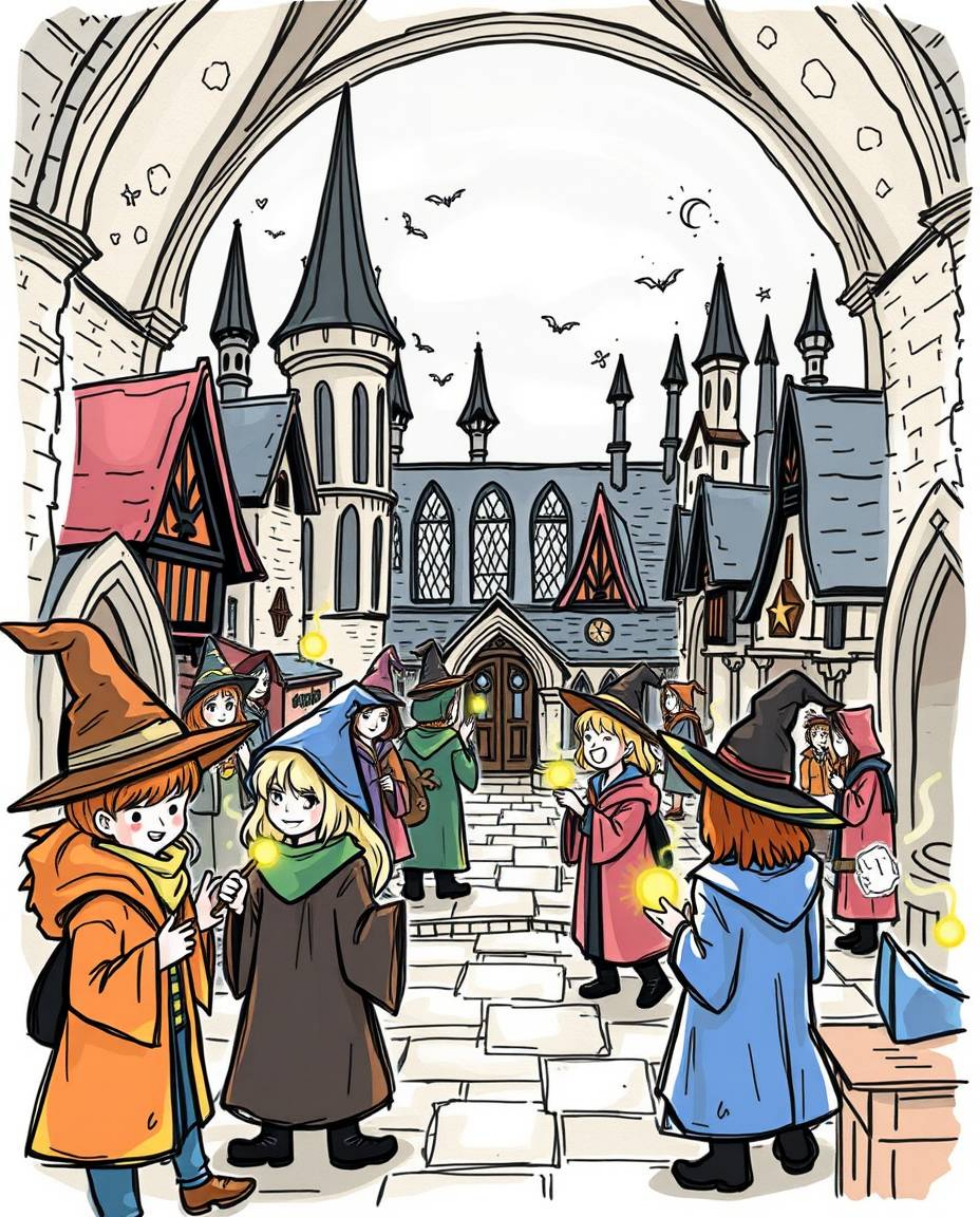 A vibrant and whimsical color sketchnote style illustration depicts a magical school brimming with young wizards honing their