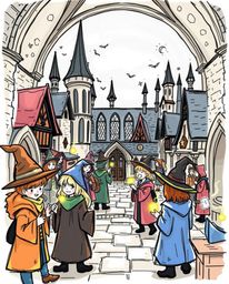 A vibrant and whimsical color sketchnote style illustration depicts a magical school brimming with young wizards honing their