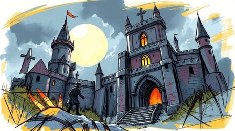 A hand-drawn sketch in a vibrant color sketchnote style depicts a thief stealthily infiltrating a heavily guarded castle. The