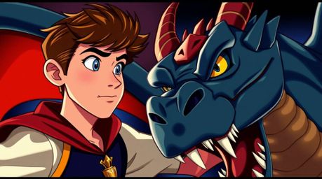 A captivating illustration in the style of 1950s animation depicts a charming prince with strong features locked in battle wi