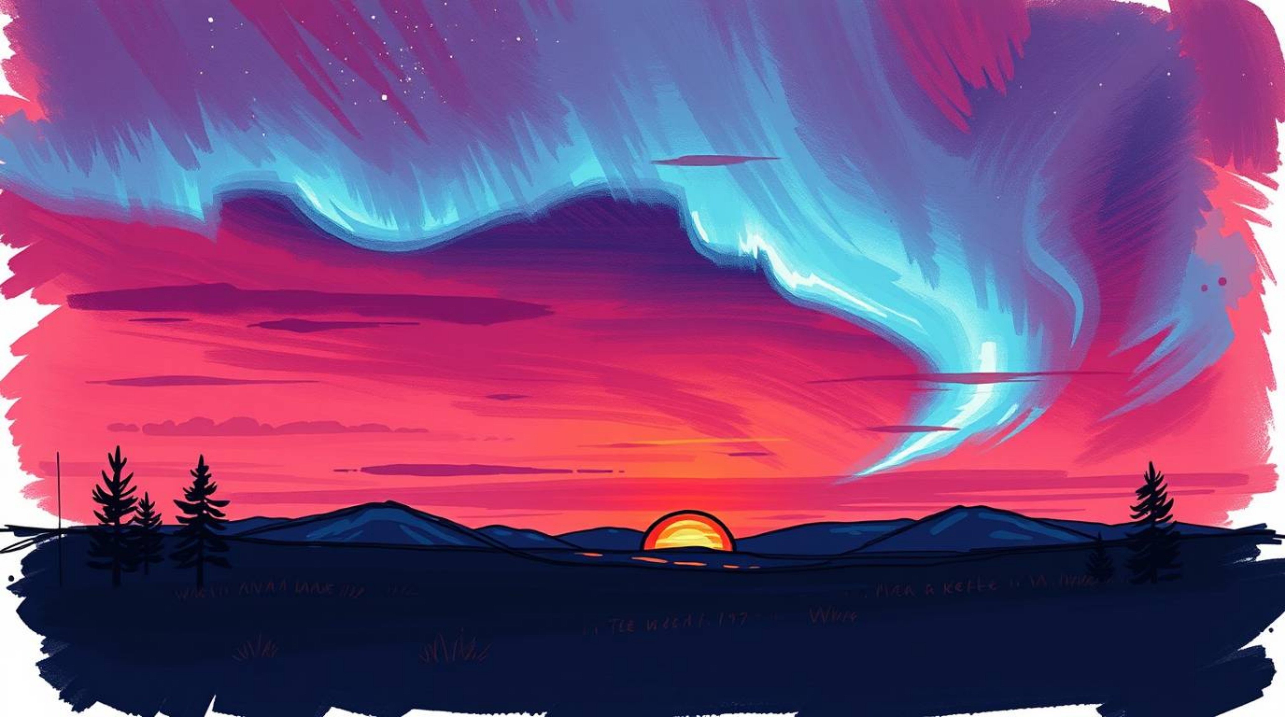 An elegant, sophisticated hand-drawn sketch in a color sketchnote style depicts the Northern Lights beginning to appear over 