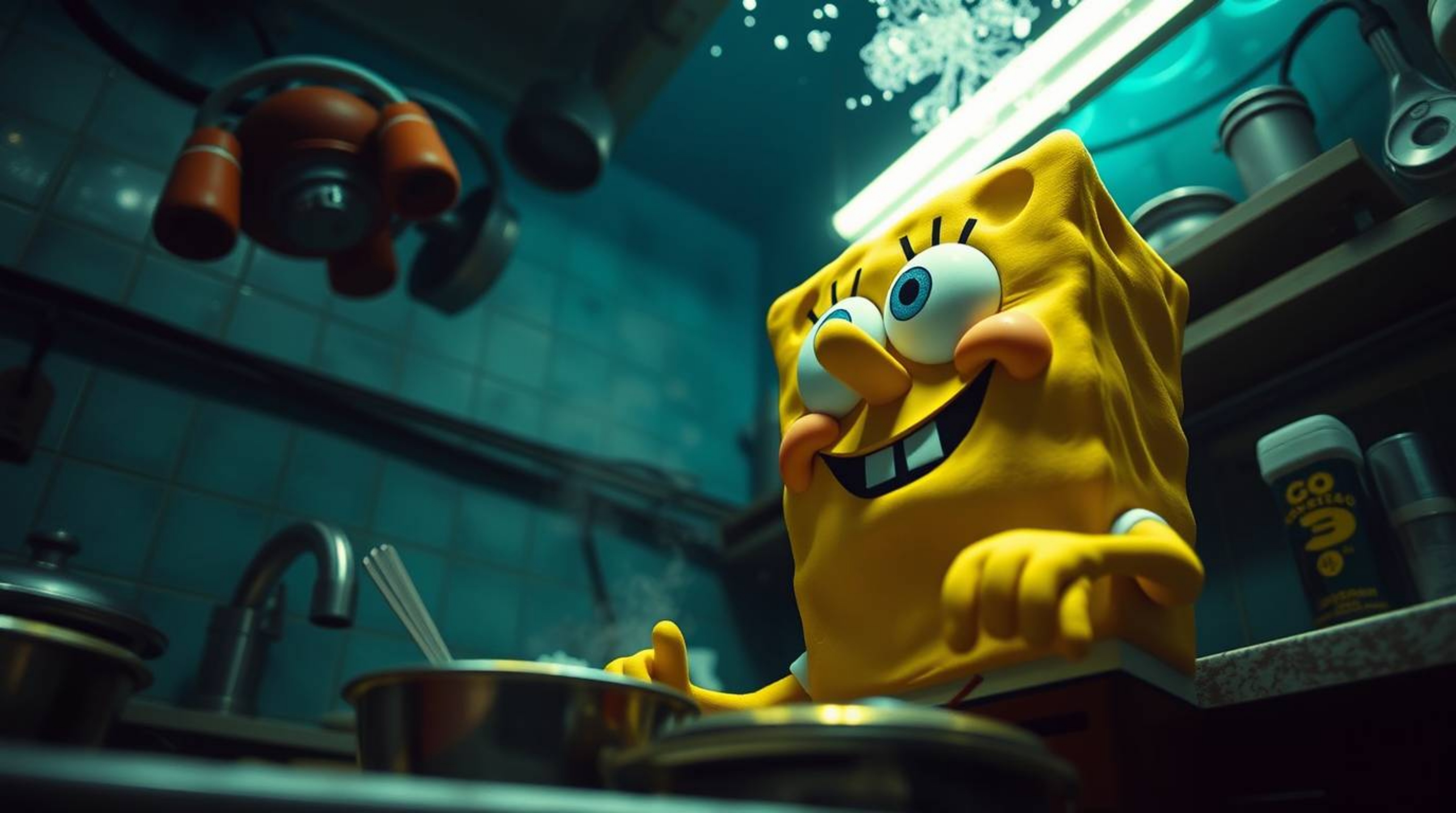 A captivating image showcasing a sponge character engrossed in cooking within an underwater kitchen.  Captured from a low ang