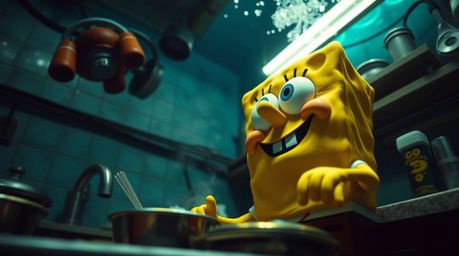 A captivating image showcasing a sponge character engrossed in cooking within an underwater kitchen.  Captured from a low ang