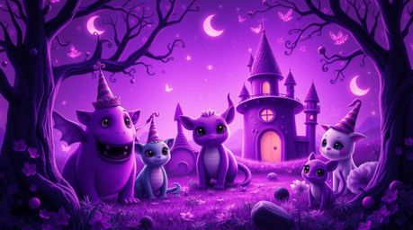 Explore a captivating fantasy kingdom bathed in deep ultraviolet hues, brimming with adorable and quirky magical creatures.