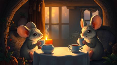 A captivating digital painting depicts anthropomorphic mice engaging in a delightful tea party within a charming, cozy cottag