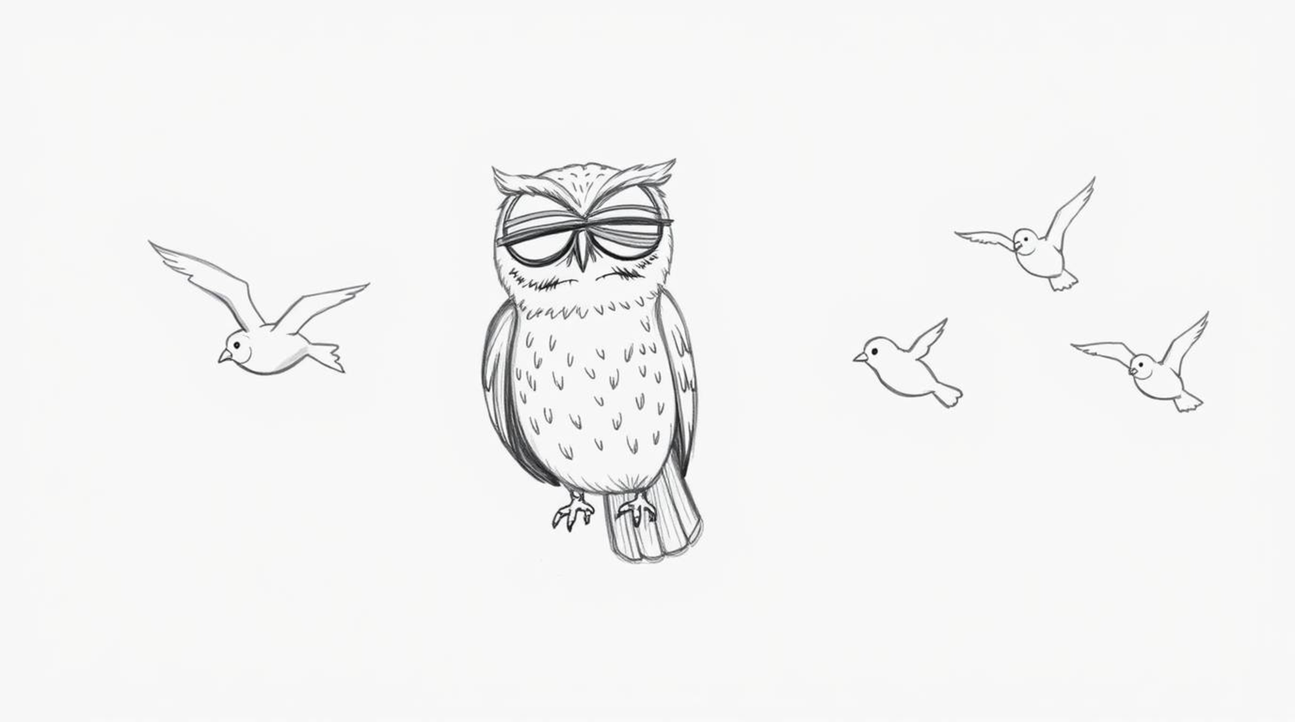 This hand-drawn pencil sketch in Pixar style depicts a heartwarming scene of a blind owl with expressive, wrinkled features g