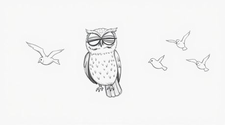 This hand-drawn pencil sketch in Pixar style depicts a heartwarming scene of a blind owl with expressive, wrinkled features g