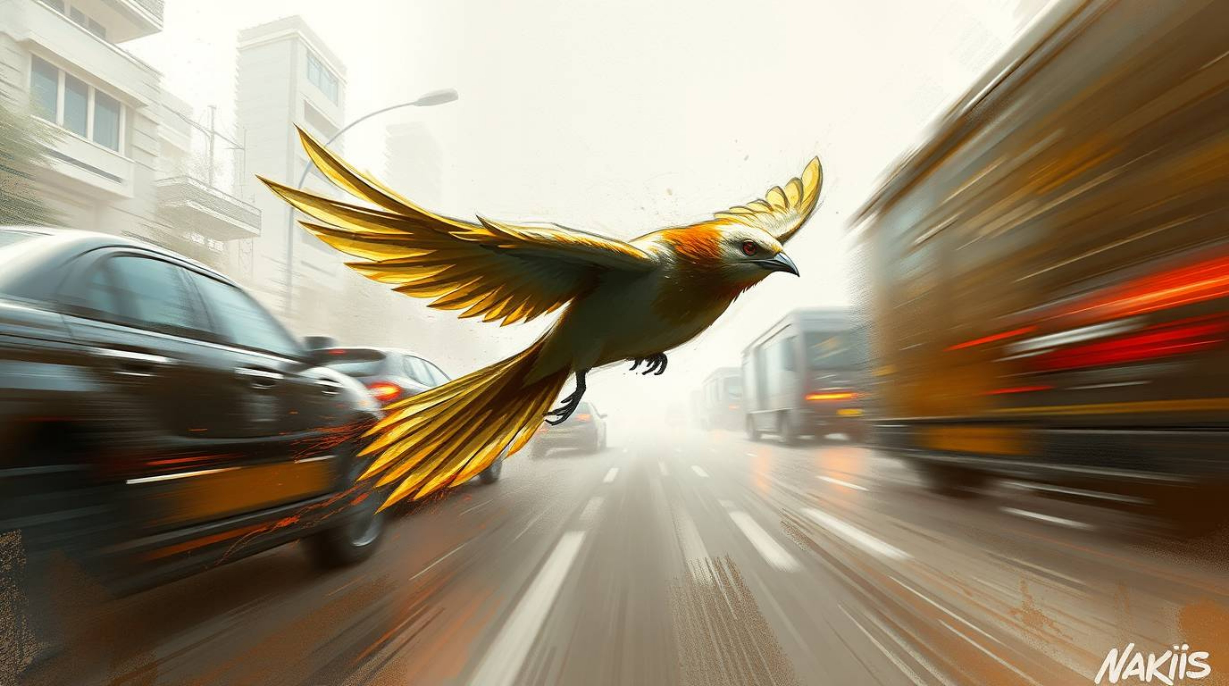 This dynamic digital sketch captures the essence of a fast-running bird zooming past traffic with an ethereal and spiritual v