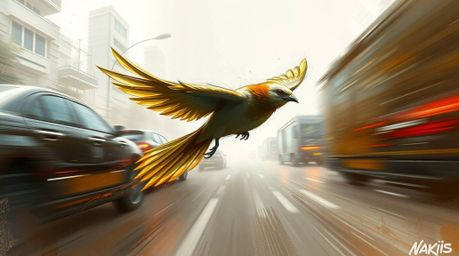 This dynamic digital sketch captures the essence of a fast-running bird zooming past traffic with an ethereal and spiritual v
