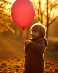 A warm golden hour light bathes a child holding a balloon, creating a dramatic and cinematic scene. The composition utilizes 