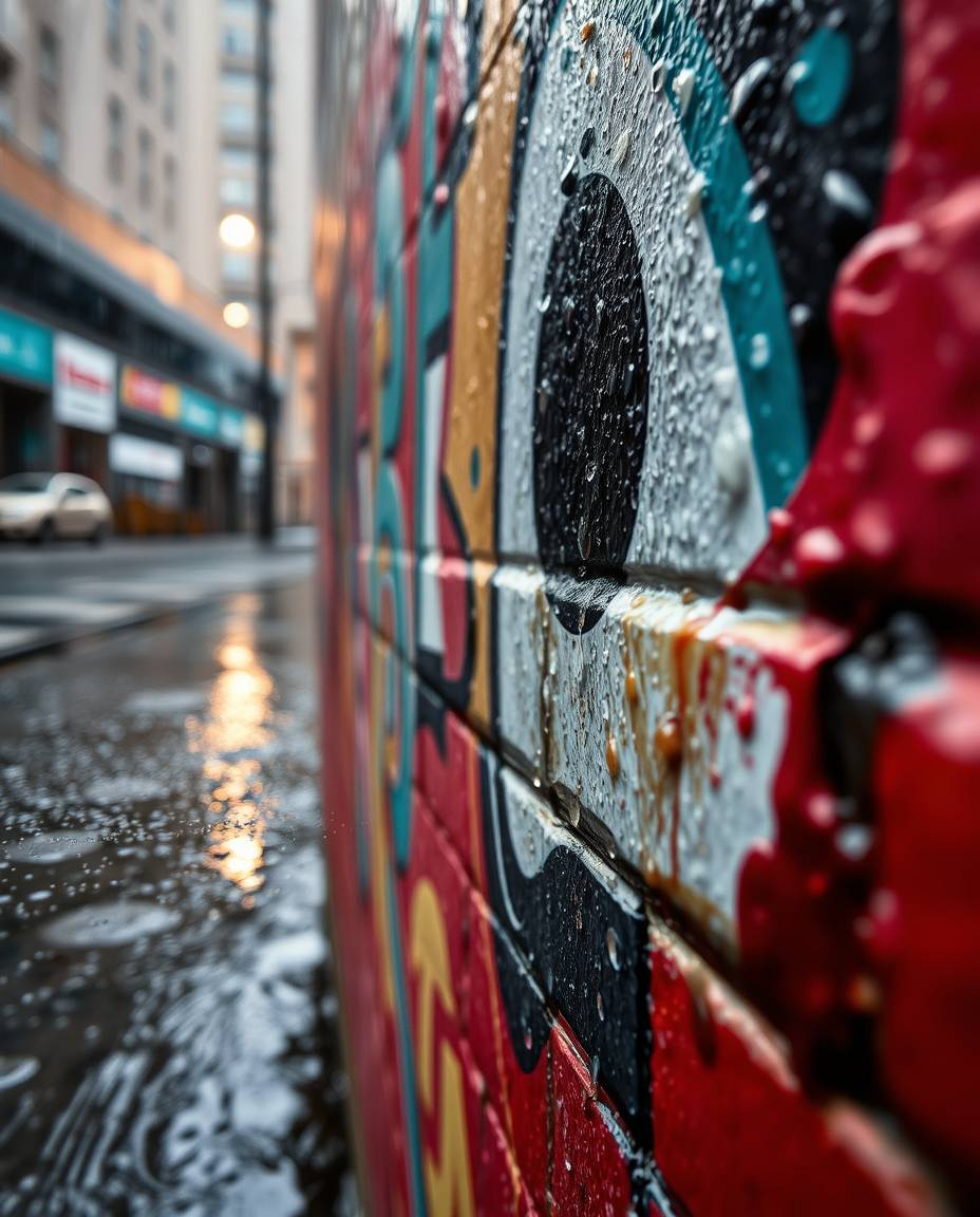 This captivating close-up captures a wet rainy scene, highlighting vibrant graffiti-style splashes adorning a brick wall.  Th