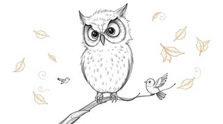 A heartwarming hand-drawn sketch in the style of Pixar showcases a blind owl with soft, feathery texture, inspiring small bir