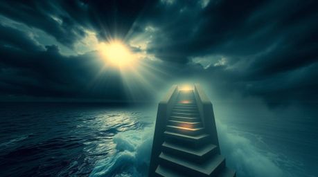 A dramatic staircase rising from the ocean towards a stormy sky, illuminated by a divine sunburst and enhanced with volumetri