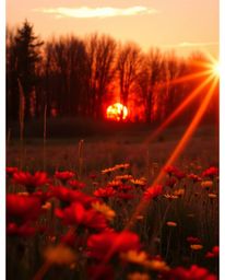 This photograph captures a warm sunset over a spring wildflower meadow, bursting with vibrant reds, oranges, and yellows. The