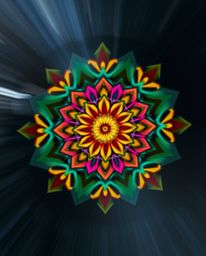 This stunning long exposure photograph captures a geometric floral mandala in vibrant colors. The symmetrical design showcase