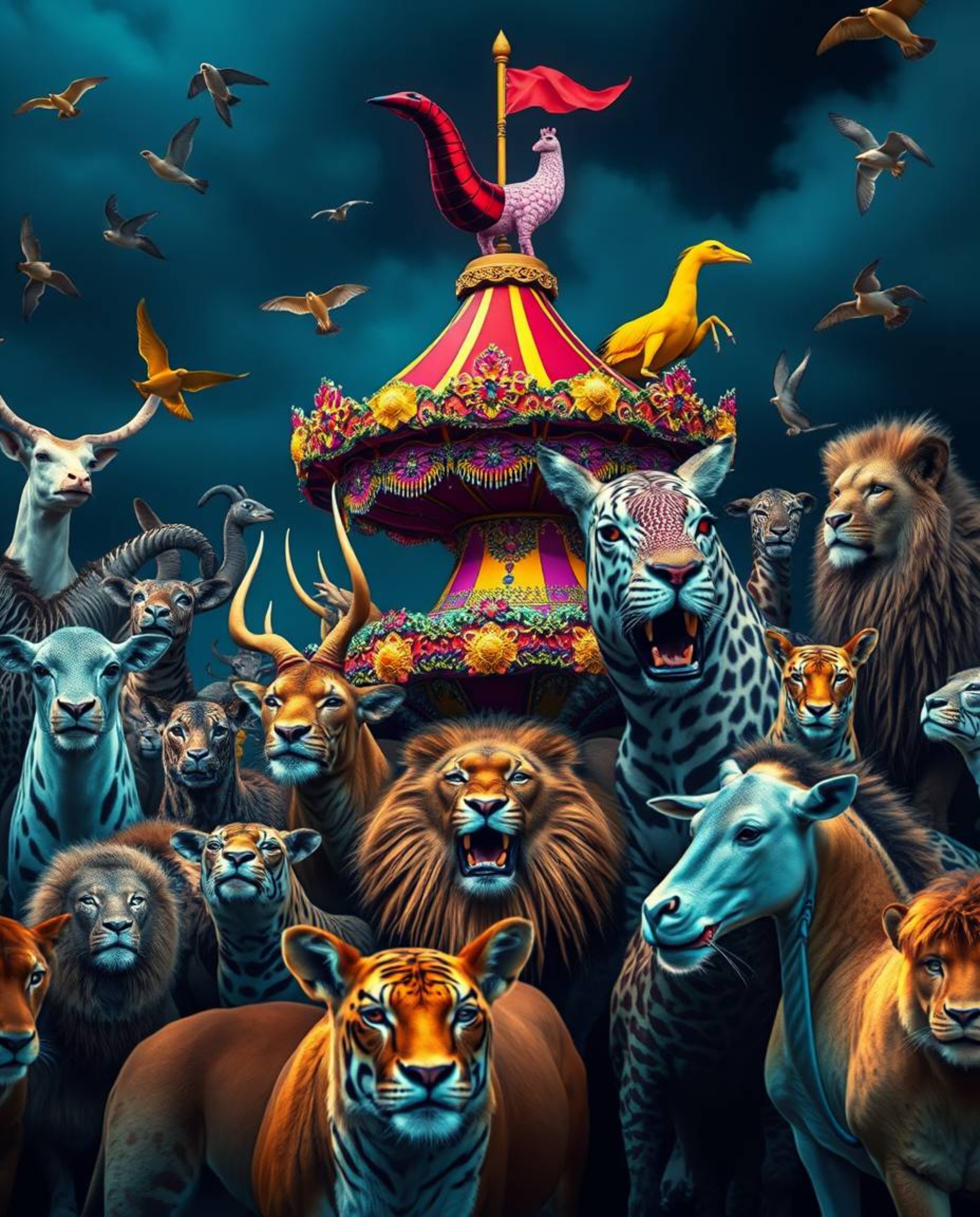 Imagine a carnival scene thrown into exhilarating chaos, where wild animals roam amidst vibrant, complementary colors. This a