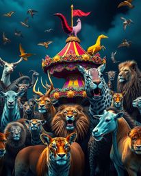 Imagine a carnival scene thrown into exhilarating chaos, where wild animals roam amidst vibrant, complementary colors. This a