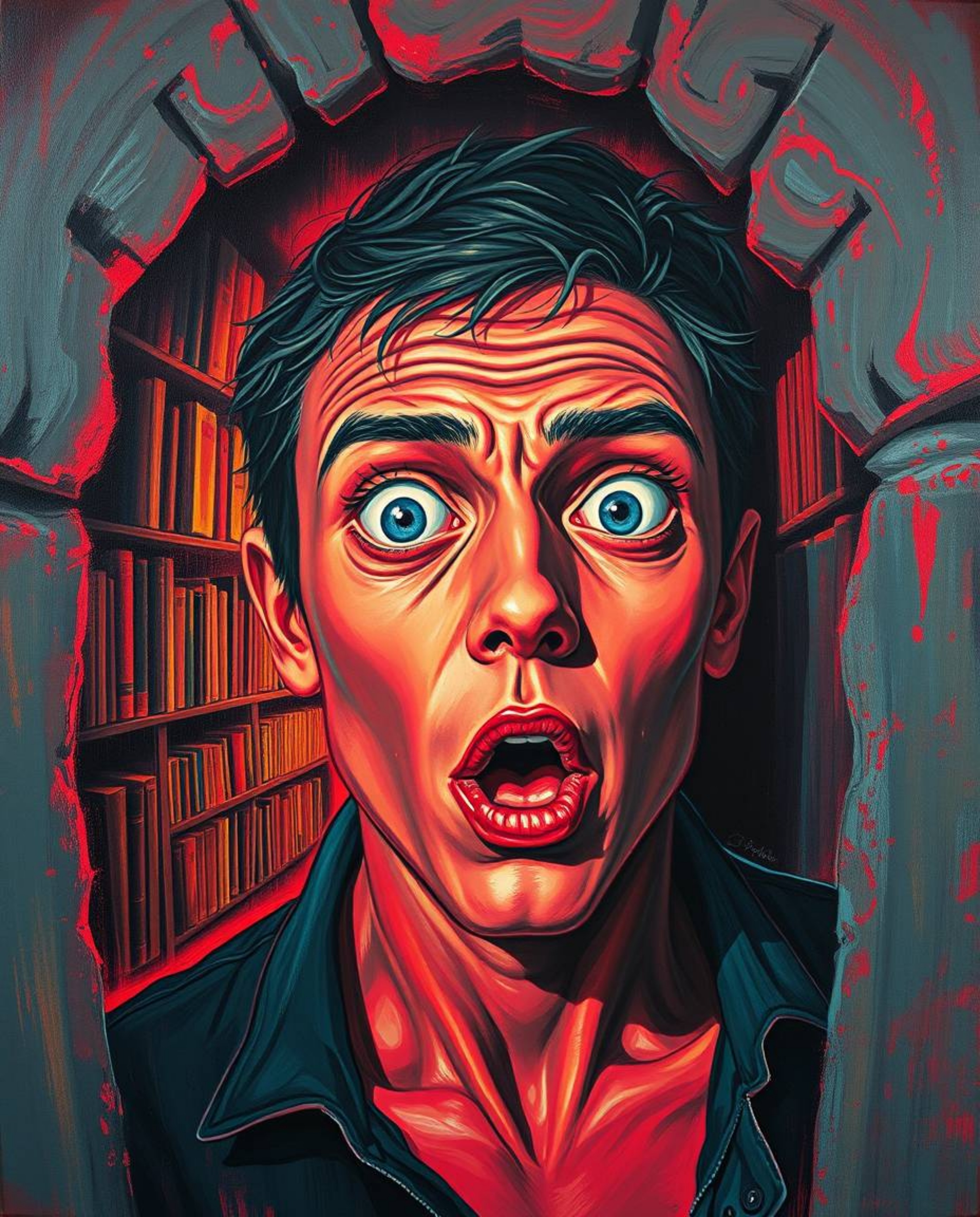 A captivating acrylic painting depicting a person with reddish skin, exhibiting a surprised expression upon discovering a hid