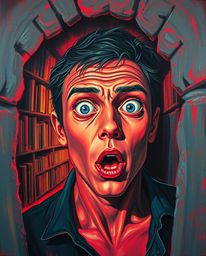 A captivating acrylic painting depicting a person with reddish skin, exhibiting a surprised expression upon discovering a hid