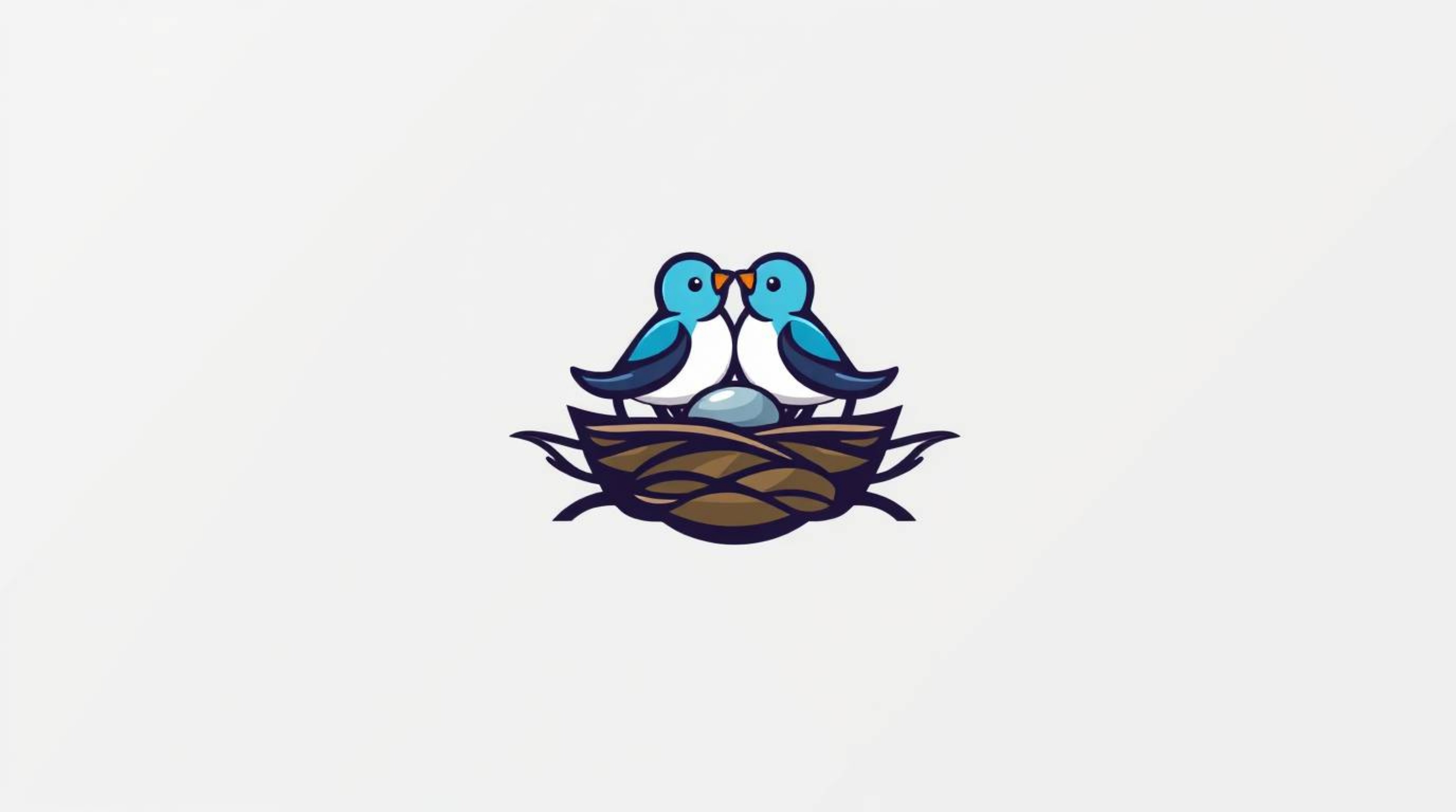 A geometric logo depicting two cartoon birds diligently constructing a nest, presented in a classic animation aesthetic. The 