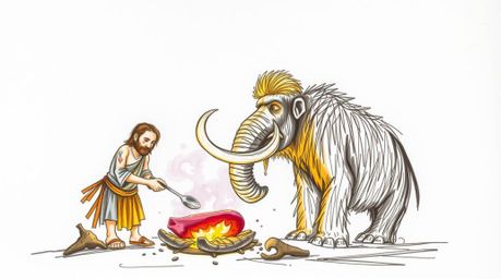 A captivating hand-drawn sketchnote depicts a caveman creatively cooking mammoth meat.  Artistic lighting techniques generate
