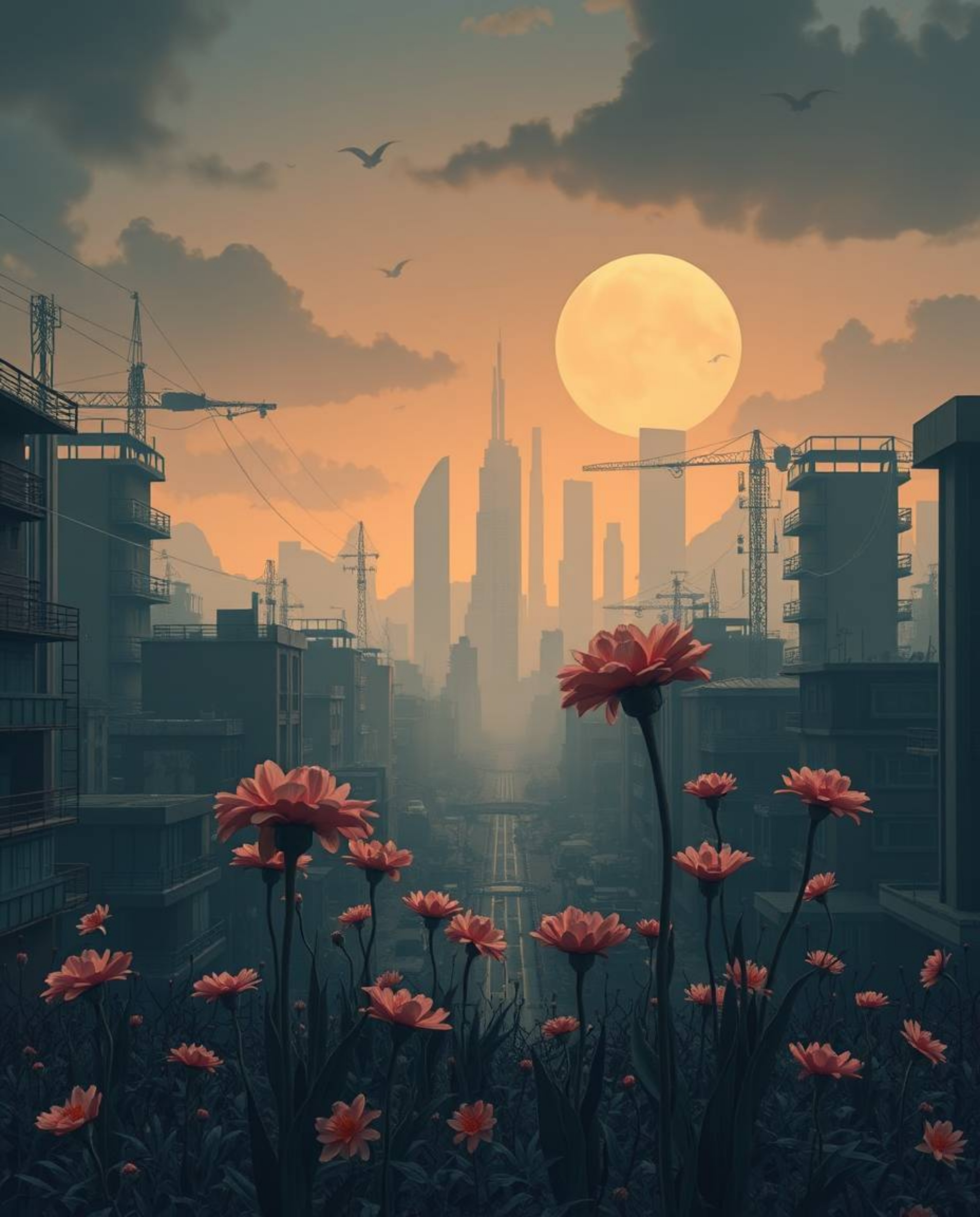 Explore a modern flat design aesthetic with an unsettling twist, depicting flowers blooming amidst the ruins of a post-apocal