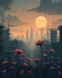 Explore a modern flat design aesthetic with an unsettling twist, depicting flowers blooming amidst the ruins of a post-apocal