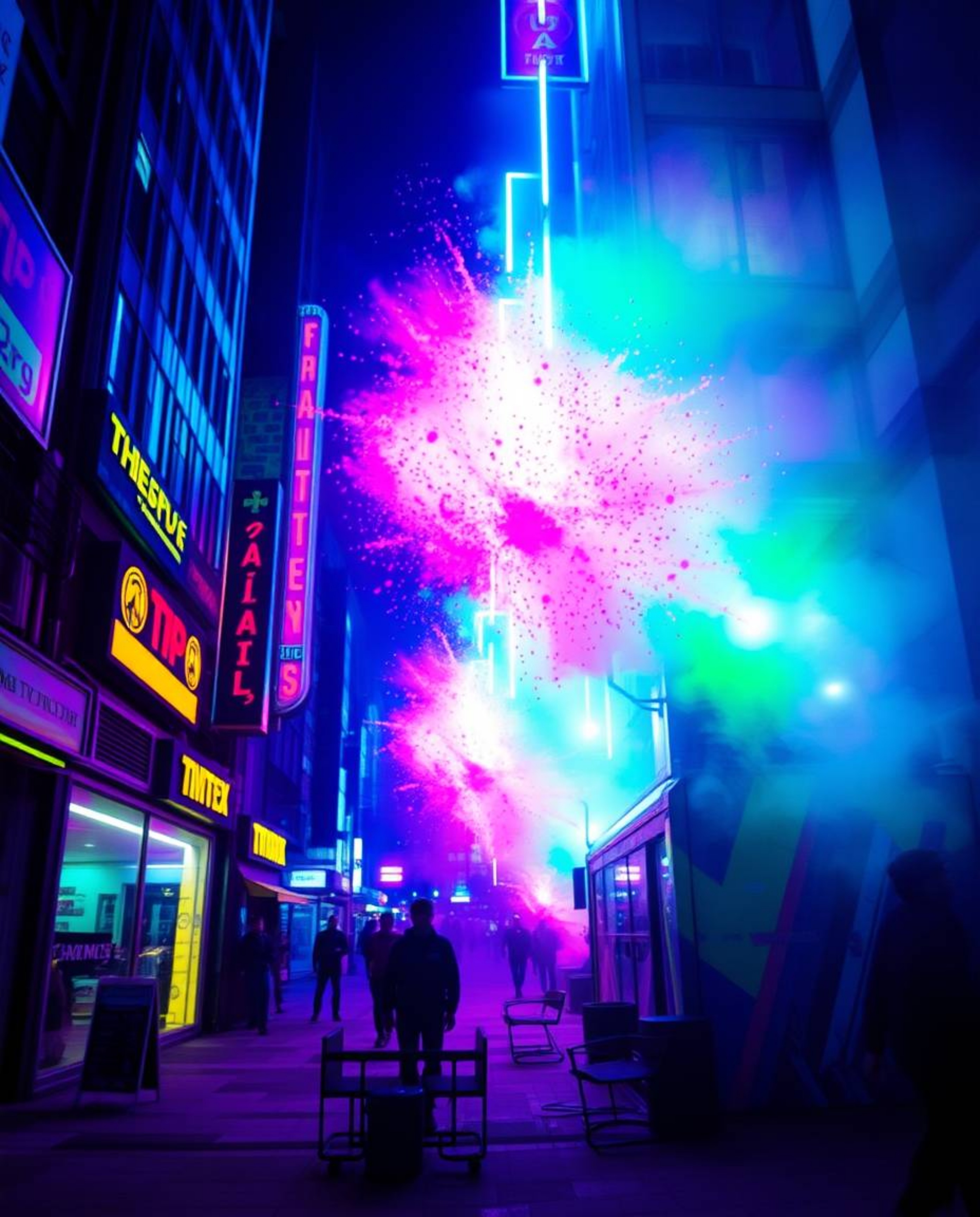 Explore a vibrant and captivating cyberpunk cityscape brought to life through a cool color, strong, hard light photograph.  W