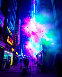 Explore a vibrant and captivating cyberpunk cityscape brought to life through a cool color, strong, hard light photograph.  W