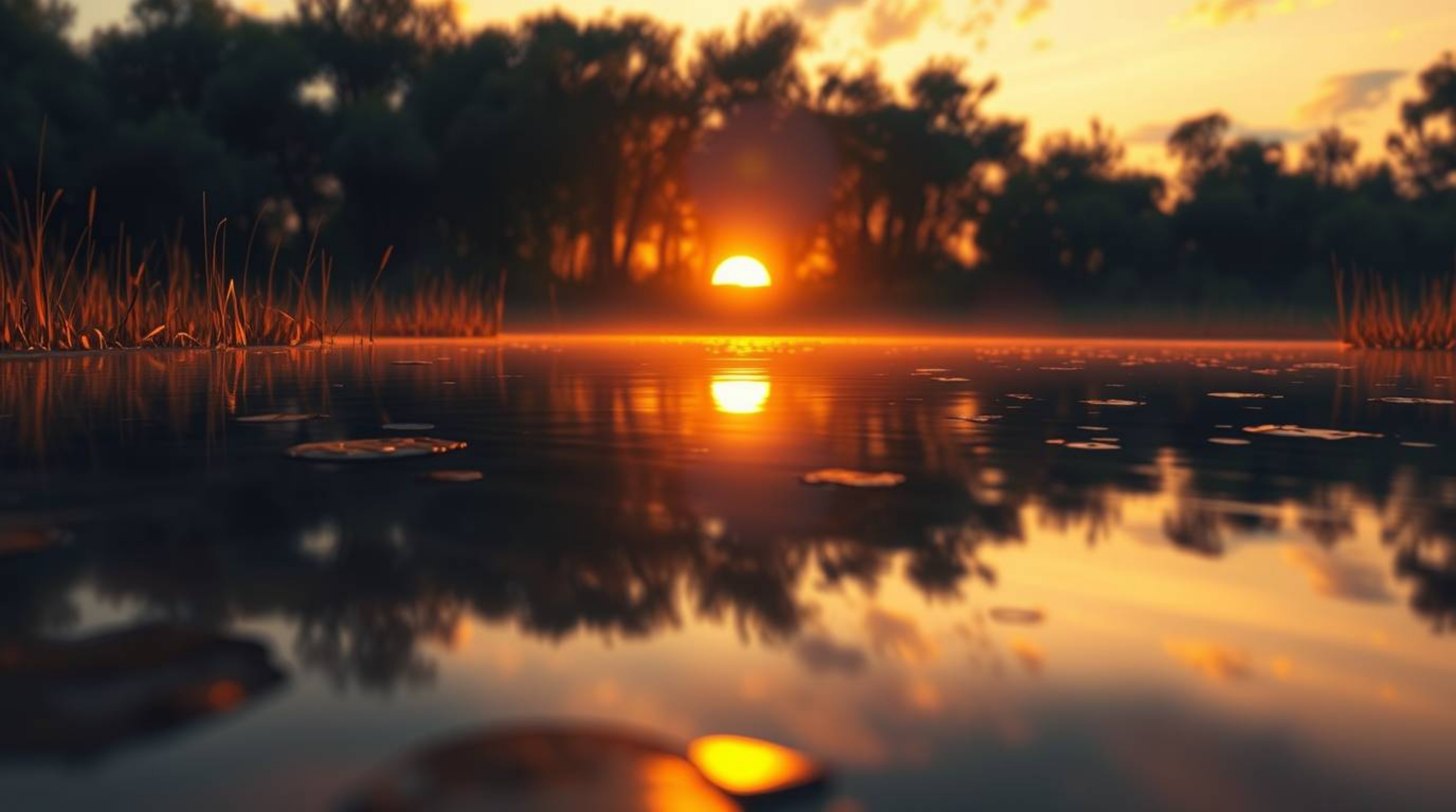 This digital painting captures the serene beauty of a calm pond reflecting a vibrant sunset. Rendered from a low-angle persp