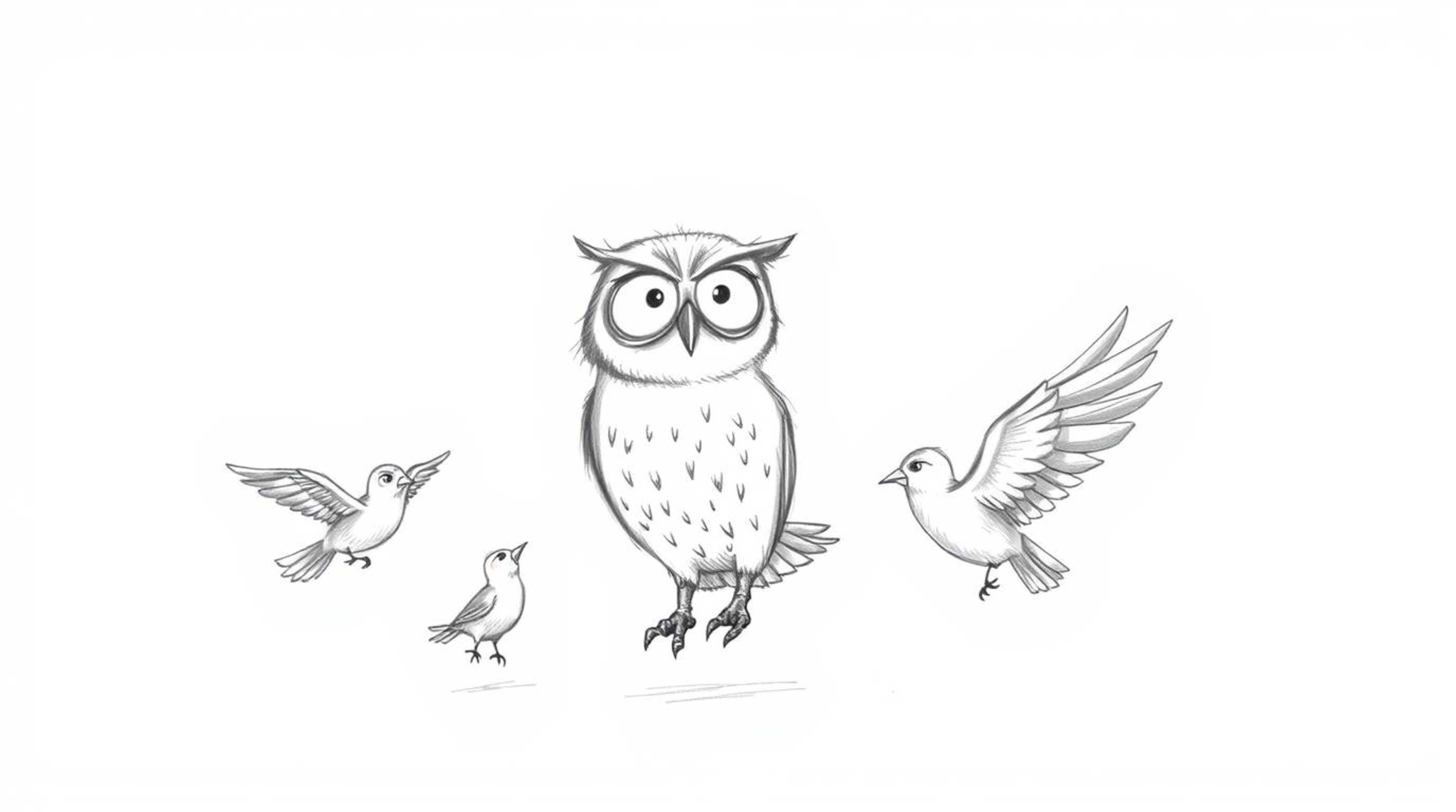 A heartwarming hand-drawn sketch in Pixar style depicts a blind owl with expressive, sightless eyes patiently teaching young