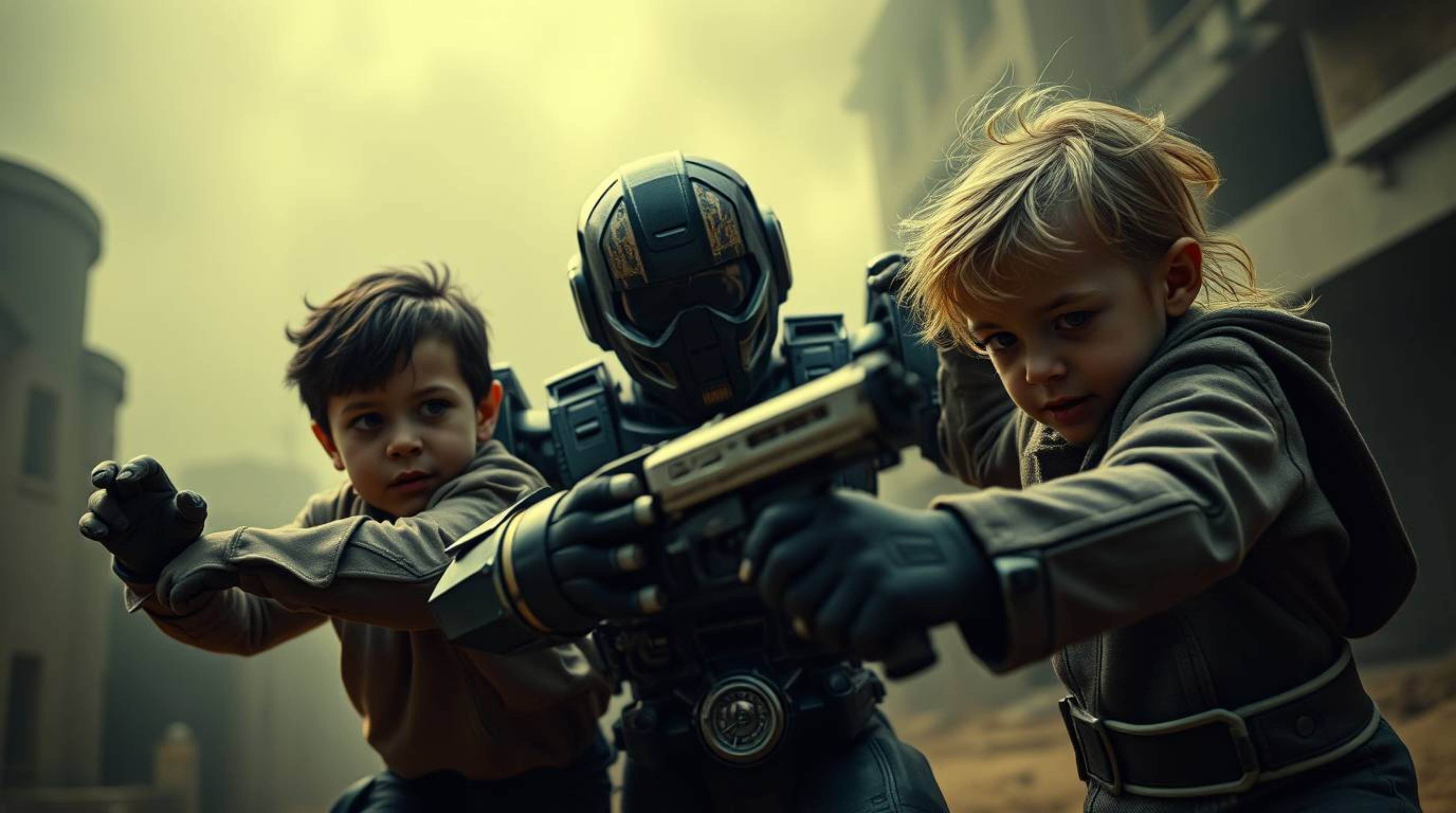 A captivating fine art photograph depicts three uniquely-powered children engaged in a fierce battle against a formidable rob