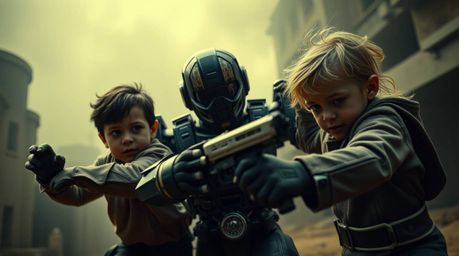 A captivating fine art photograph depicts three uniquely-powered children engaged in a fierce battle against a formidable rob