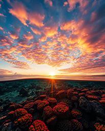 A warm, autumnal depiction of a colorful sky over a coral reef at low tide. This vibrant scene features bright lens flares th