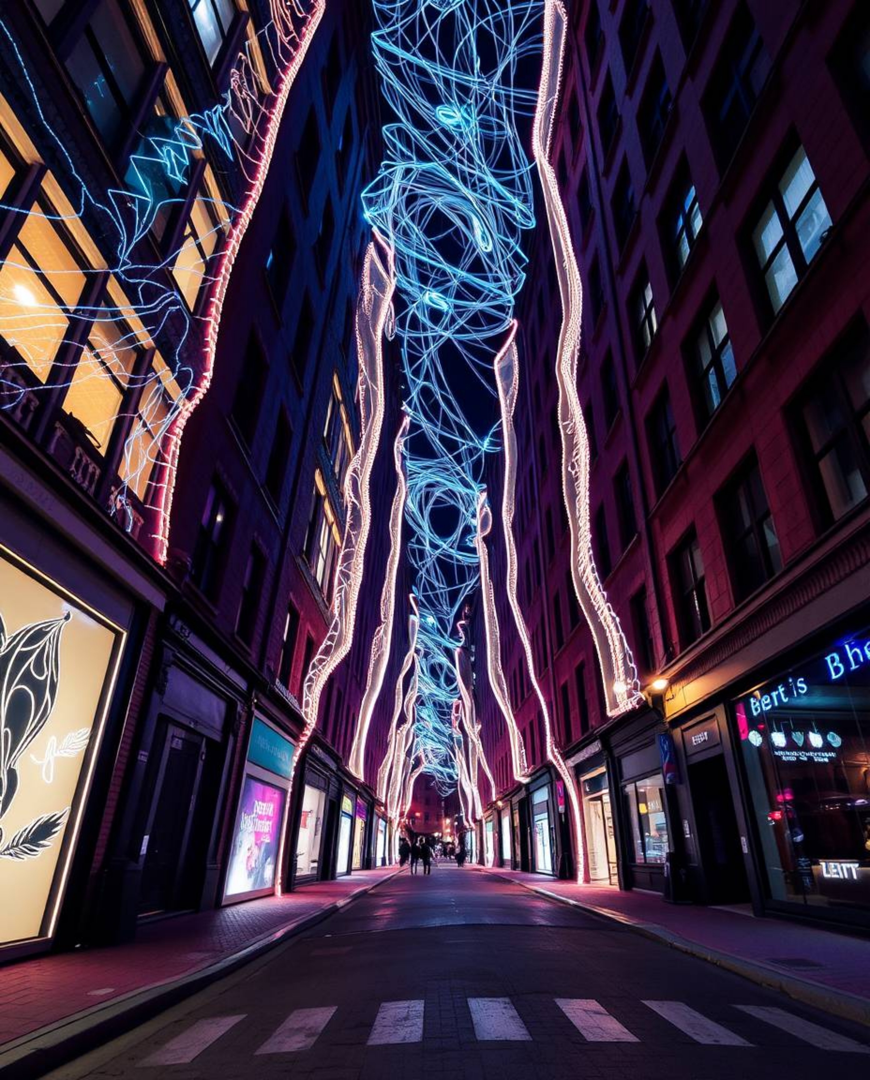 Experience a surreal street scene brought to life through creative light art, where buildings appear to fold and twist in imp