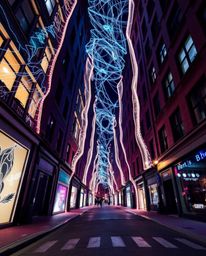 Experience a surreal street scene brought to life through creative light art, where buildings appear to fold and twist in imp