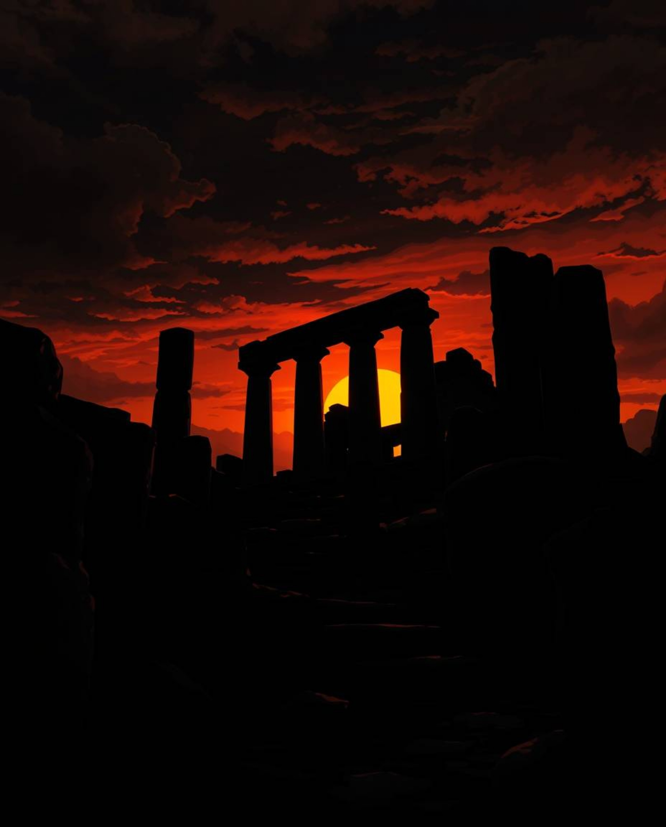 An Isekai anime style illustration depicts intense black shadows cast by ancient stone ruins at sunset. The use of pure black